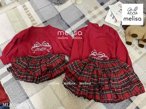 Bộ áo nỉ dài tay đỏ Melisa hình nơ chân váy kẻ caro 2 tầng