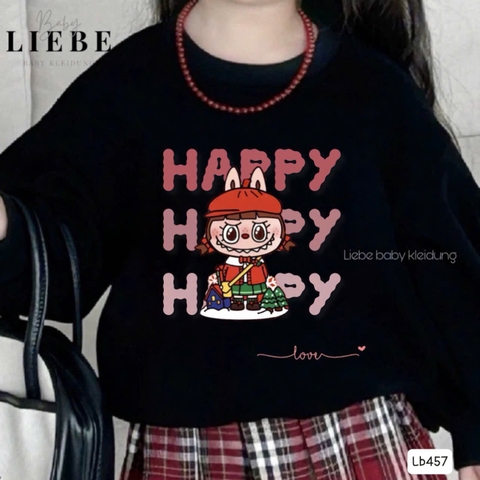 Set bộ Labubu Happy hãng Liebe Babydress áo nỉ đen phối chân váy caro đỏ