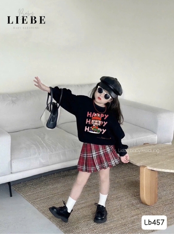 Set bộ Labubu Happy hãng Liebe Babydress áo nỉ đen phối chân váy caro đỏ
