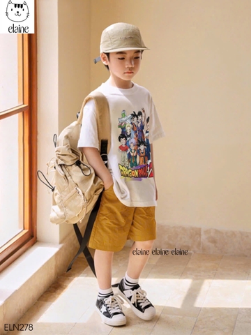Bộ Dragon Ball Elaine áo cộc tay trắng mix quần short kaki vàng