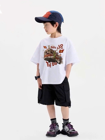 Bộ cotton Elaine cộc tay áo TRẮNG Độc lập tự do mix quần kaki đen
