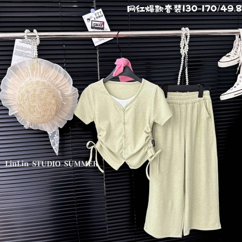 Bộ áo thun cổ tròn CÀI KHUY quần dài 3 màu hồng, vàng, xanh dương