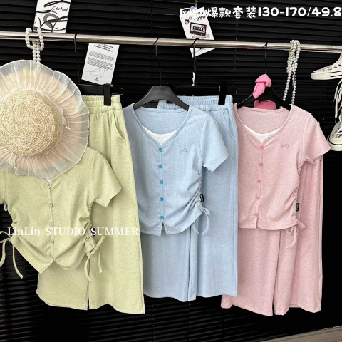 Bộ áo thun cổ tròn CÀI KHUY quần dài 3 màu hồng, vàng, xanh dương