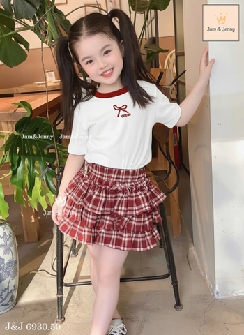 Bộ cộc tay áo trắng nơ Cocso JAM&JENNY mix chân váy ĐỎ caro 3 tầng