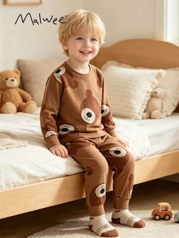 Bộ cotton Malwee dài tay hoạ tiết gấu nâu