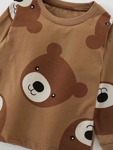 Bộ cotton Malwee dài tay hoạ tiết gấu nâu