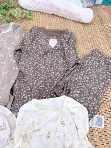 Bộ cotton dài tay nâu hoa nhí cổ gắn nơ phối ren SIZE ĐẠI bé gái