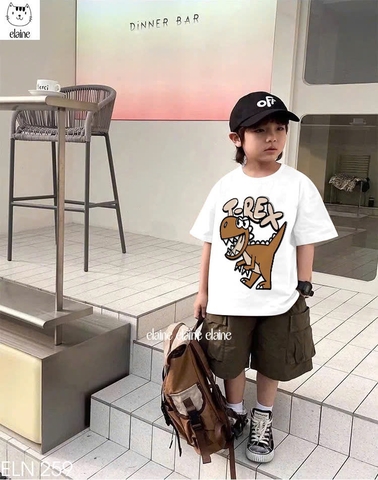 Bộ khủng long T-Rex áo cotton cộc tay TRẮNG quần kaki nâu Elaine
