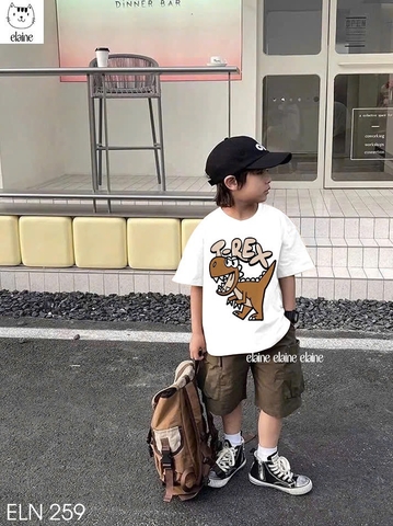 Bộ khủng long T-Rex áo cotton cộc tay TRẮNG quần kaki nâu Elaine