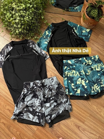 Bộ bơi nam Ylike áo cộc tay quần 2 lớp màu đen phối xanh lá và xám