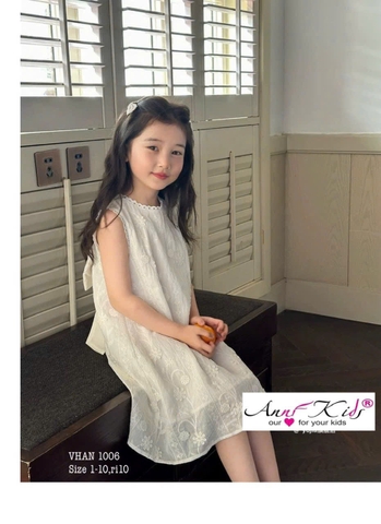 Váy sát nách ren trắng nơ lưng Anni Kids dáng suông
