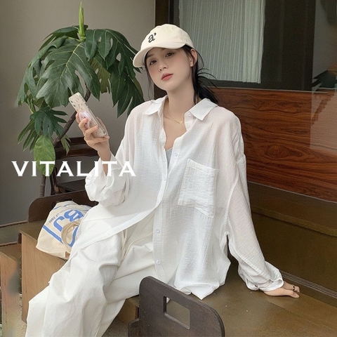 Áo sơ mi đũi freesize form rộng màu trắng