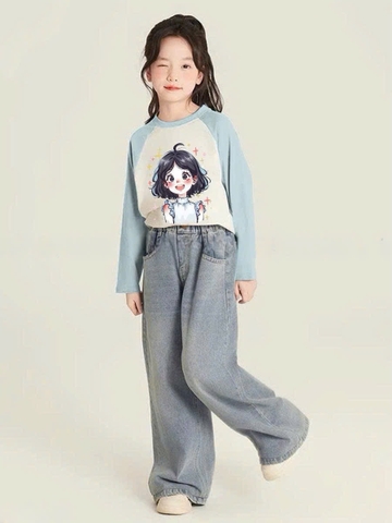 Bộ cotton raglan áo trắng xanh hình cô gái mix quần jean hãng Elaine