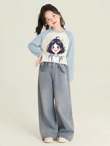 Bộ cotton raglan áo trắng xanh hình cô gái mix quần jean hãng Elaine
