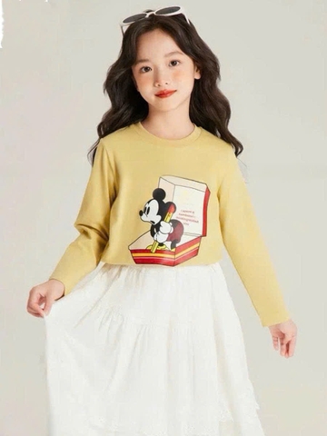 Bộ áo cotton dài tay Mickey vàng chân váy trắng hãng Elaine