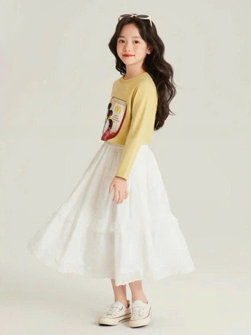 Bộ áo cotton dài tay Mickey vàng chân váy trắng hãng Elaine