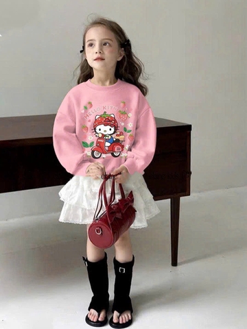 Bộ nỉ Hello Kitty Elaine dâu áo hồng cam chân váy trắng 3 tầng