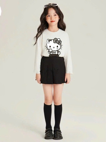 Bộ cotton Hello Kitty Elaine áo dài tay trắng chân váy kaki đen
