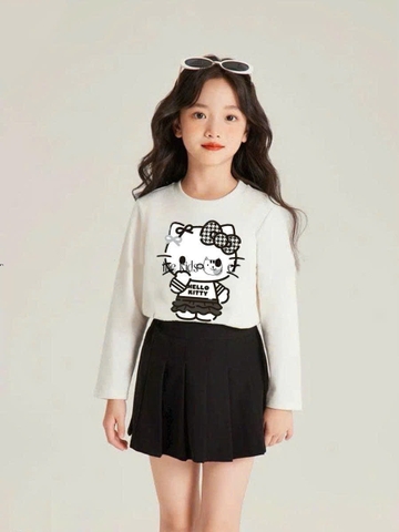 Bộ cotton Hello Kitty Elaine áo dài tay trắng chân váy kaki đen