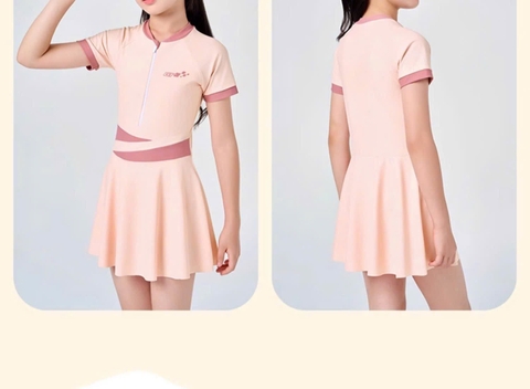 Bộ bơi liền cộc tay GT Yuke cam pha hồng quần sooc cho bé gái