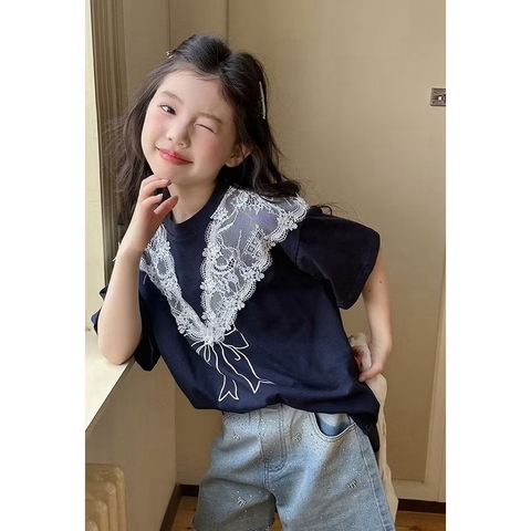 Áo phông cộc tay 3D cổ phối ren nơ màu navy size đại bé gái