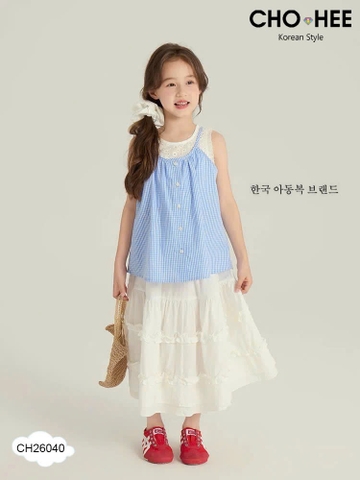 Bộ áo sát nách caro xanh Cho Hee mix chân váy trắng thô