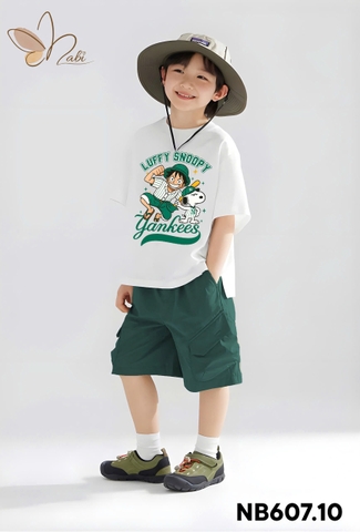 Bộ cotton Nabi áo trắng Luffy Snoopy quần short kaki xanh lá bé trai