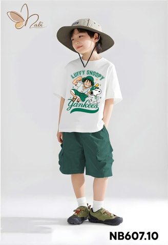 Bộ cotton Nabi áo trắng Luffy Snoopy quần short kaki xanh lá bé trai