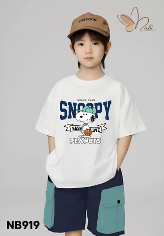 Bộ cotton Nabi áo Snoopy Peanuts trắng quần short kaki xanh navy bé trai