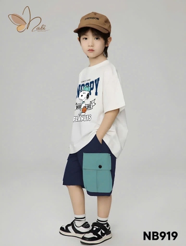 Bộ cotton Nabi áo Snoopy Peanuts trắng quần short kaki xanh navy bé trai