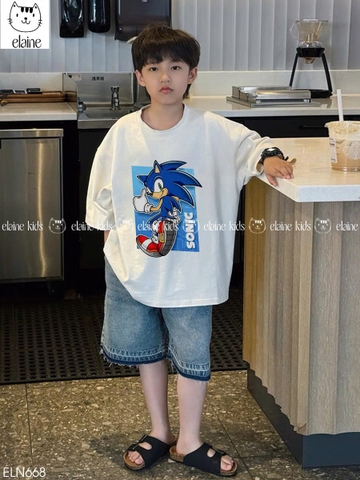 Bộ cotton Elaine Sonic áo trắng quần short jean bé trai