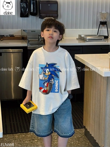 Bộ cotton Elaine Sonic áo trắng quần short jean bé trai