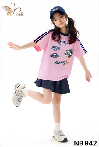 Bộ cotton NABI áo hồng Spirit chân váy xếp ly xanh navy