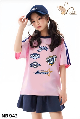 Bộ cotton NABI áo hồng Spirit chân váy xếp ly xanh navy