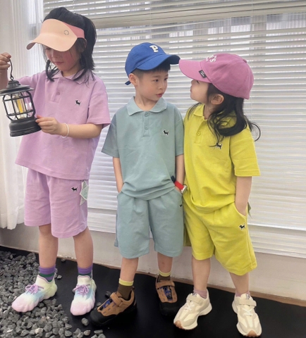 Bộ polo Happyniuniu cộc tay thêu chú chó 3 màu vàng, xanh, tím