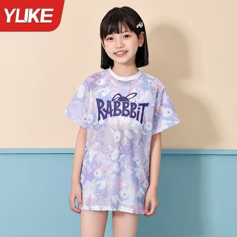 Set bộ bơi YUKE 3 chi tiết áo lưới loang cộc tay màu tím Rabbit quần sooc
