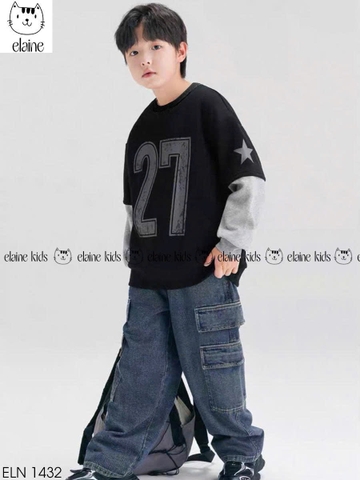 Bộ Elaine áo cotton 27 màu đen phối tay ghi quần jeans