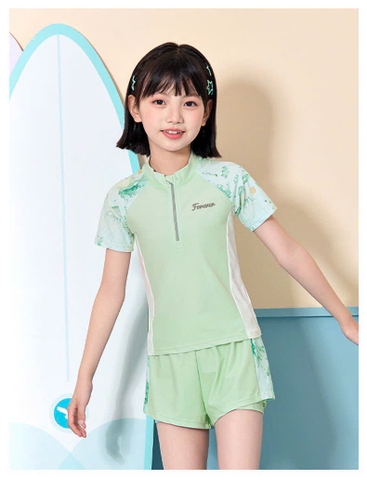 Bộ bơi FOREVER Yuke áo cộc tay quần sooc có khoá cổ tay mix họa tiết sinh vật biển xanh mint