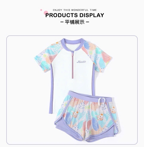 Bộ bơi ACERBIC áo cộc tay raglan quần 2 lớp phối tím trắng ombre bé gái