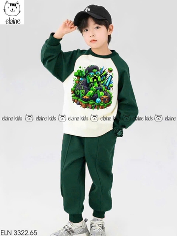 Bộ nỉ dài tay Minecraft Elaine xanh lá mix trắng