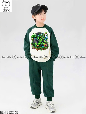Bộ nỉ dài tay Minecraft Elaine xanh lá mix trắng