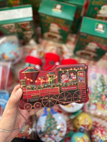 Hộp thiếc kẹo hình đầu xe lửa ông già Santa noel