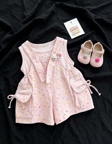 Set yếm Hello Kitty hồng đính ngôi sao bé gái