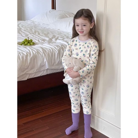 Bộ cotton dài tay AMBB KIDS thỏ hoa tím màu trắng