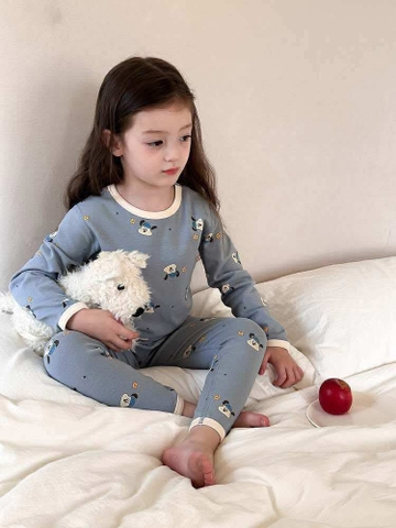 Bộ cotton dài tay AMBB KIDS hình cún màu xanh dương