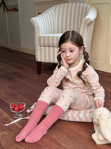 Bộ cotton dài tay AMBB KIDS thỏ hồng