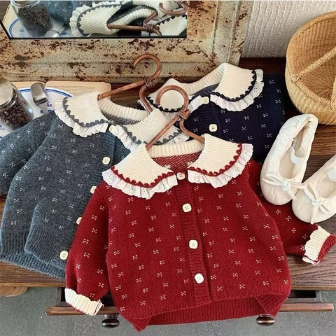 Áo khoác len cardigan 3 màu đỏ, ghi, navy cổ phối ren