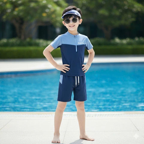 Bộ bơi cộc tay YUKE suntour xanh phối navy cho bé trai