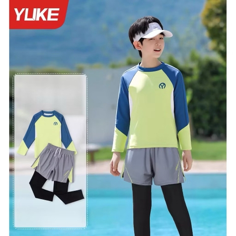 Bộ bơi YUKE chữ Y dài tay xanh neon phối xanh dương quần ghi