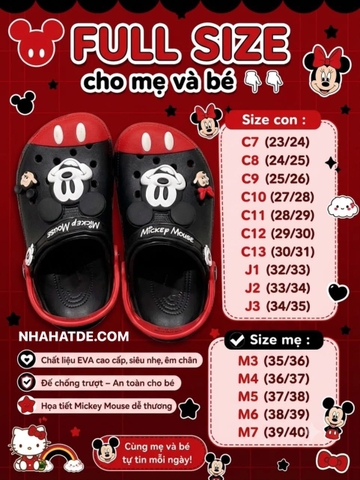 Dép sục crocs MICKEY đỏ đen cho MẸ&BÉ